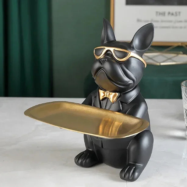 Escultura Decorativa Bulldog Garçom com Bandeja